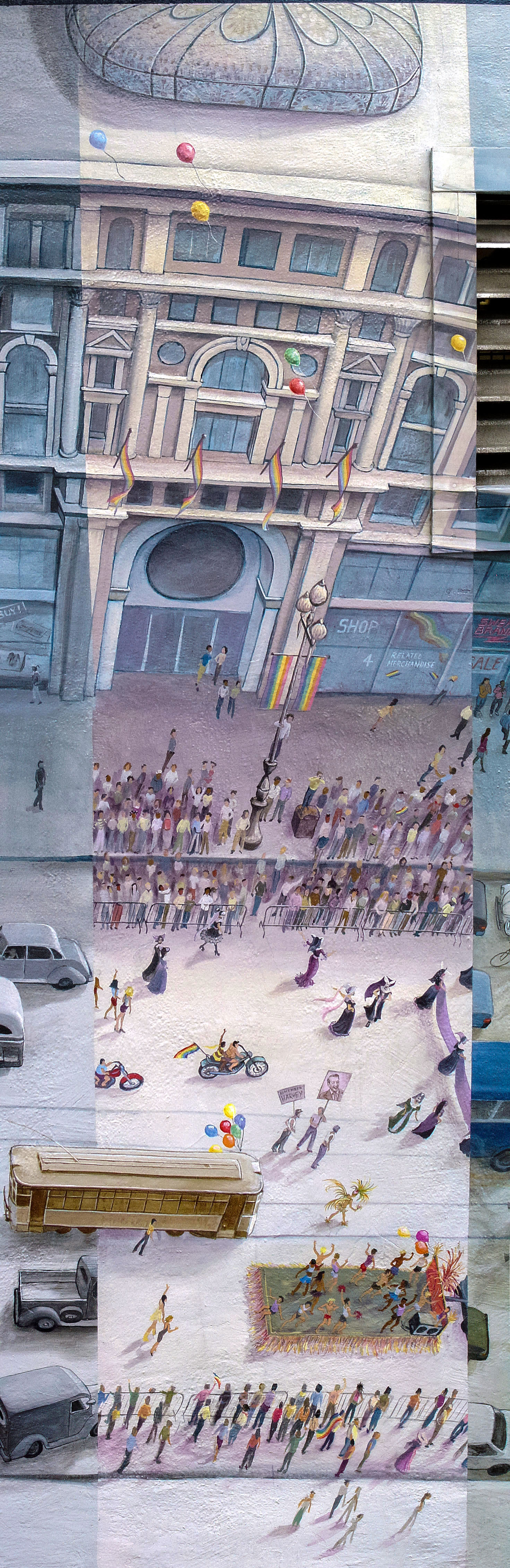 A Gay Pride parade on San Francisco's Market Street, within the Market Street Railway Mural by Mona Caron A Gay Pride parade on San Francisco's Market Street, within the Market Street Railway Mural by Mona Caron